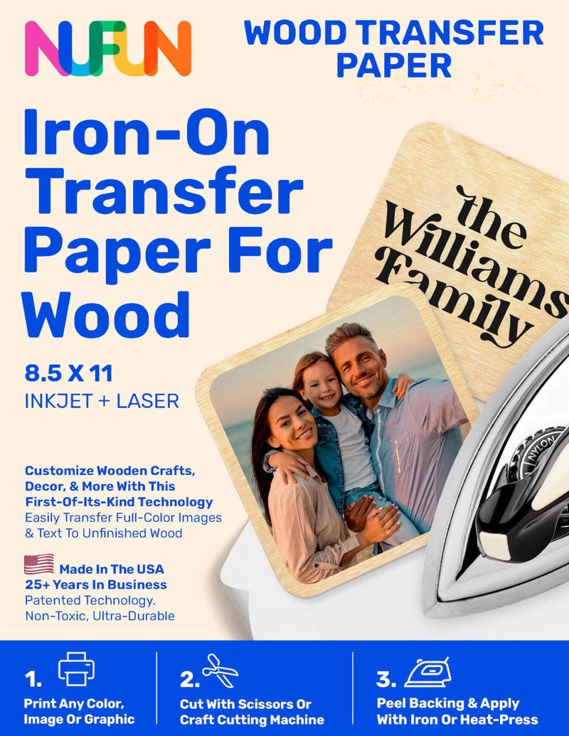 NuFun Activities Printable Iron-on Heat Transfer Paper for Wood, 10 Sheets 8.5 x 11 inch, Long Lasting, Durable, Professional Quality, Easy DIY, Non-Toxic, Made in The USA - Image 1